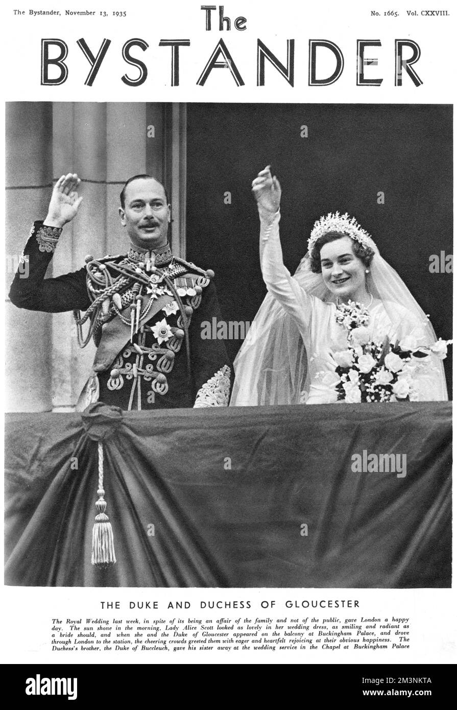 Henry, Duke of Gloucester and Lady Alice Montagu Douglas Scott, later Princess Alice, Duchess of Gloucester (1901-2004), waving from the balcony of Buckingham Palace on the occasion of their wedding in November 1935.      Date: 6 November 1935 Stock Photo