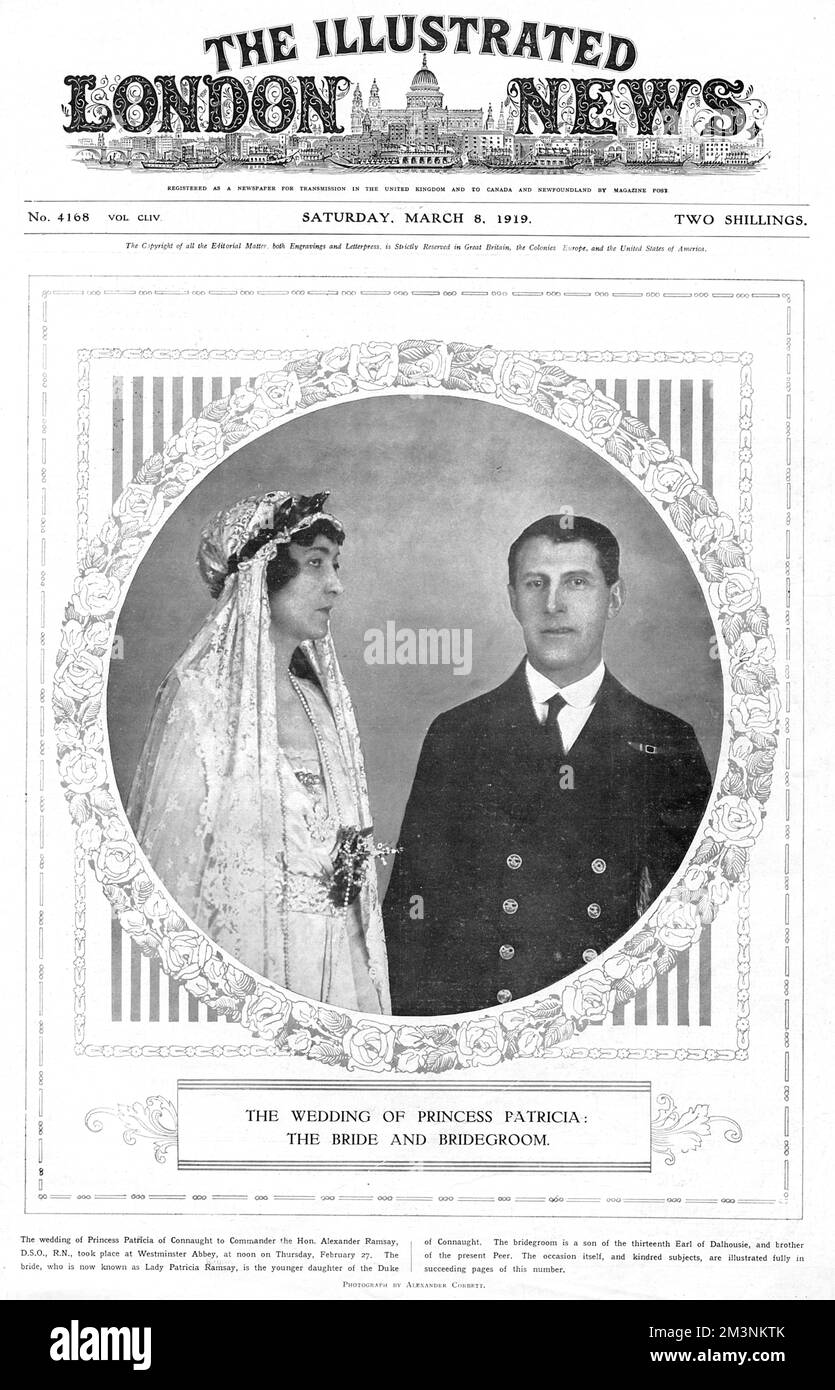 Princess Patricia of Connaught and Commander Alexander Ramsay RN, photographed on the day of their wedding, 27 February 1919.  On her marriage Princess Patricia, a granddaughter of Queen Victoria, relinquished her royal title and became Lady Patricia Ramsay.      Date: 27 February 1919 Stock Photo