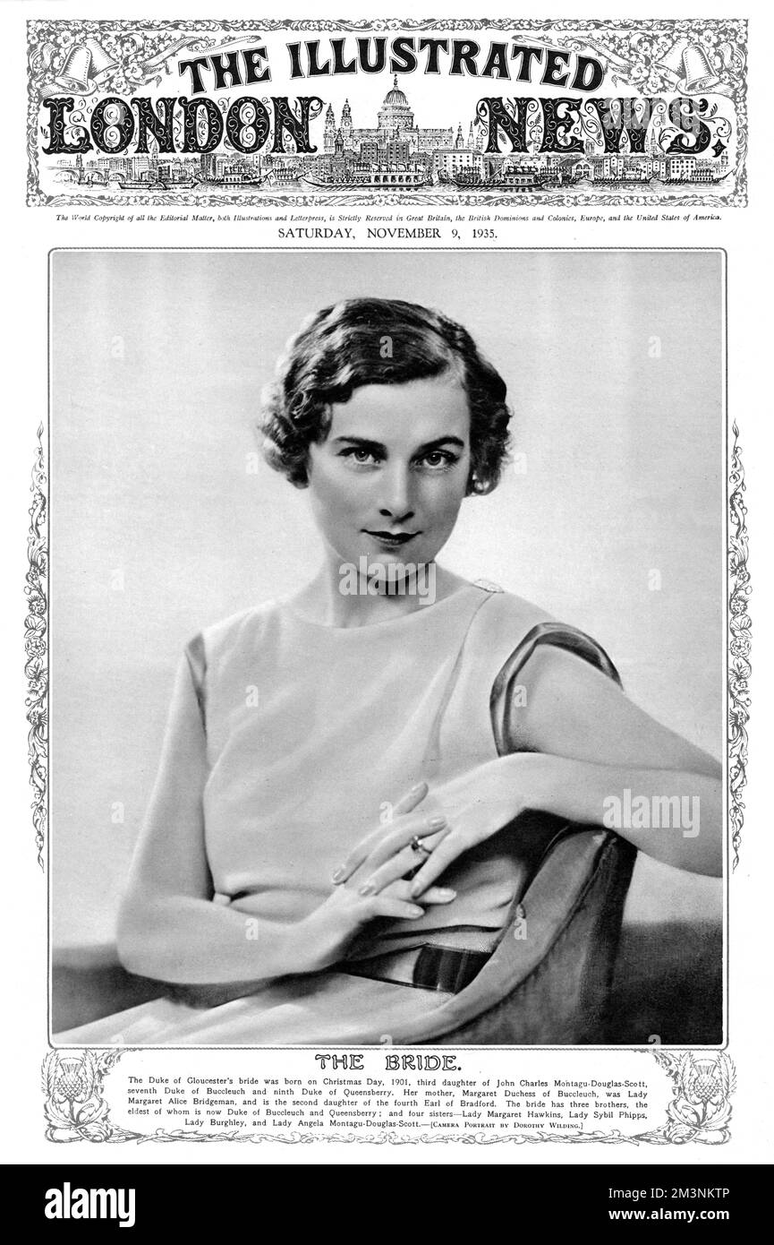 The Duchess of Gloucester (1901-2004), formerly Lady Alice Montagu-Douglas-Scott, pictured at the time of her wedding.  She married Prince Henry, Duke of Gloucester, third son of King George V and Queen Mary.      Date: November 1935 Stock Photo