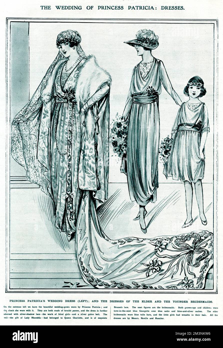 Princess Patricia of Connaught's wedding dress (left), and the dresses of the elder and younger bridesmaids.  She married Commander Alexander Ramsay RN on 27 February 1919.  Her dress was in Venetian style, made of white broche panne on an underdress of silver lace, and the train was made of rich cloth of silver, embroidered with a lily design.  The bridesmaids' dresses were in love-in-the-mist blue georgette over blue satin.  All of the dresses were by Messrs Revill and Rossiter.  On her marriage Princess Patricia, a granddaughter of Queen Victoria, relinquished her royal title and became L Stock Photo