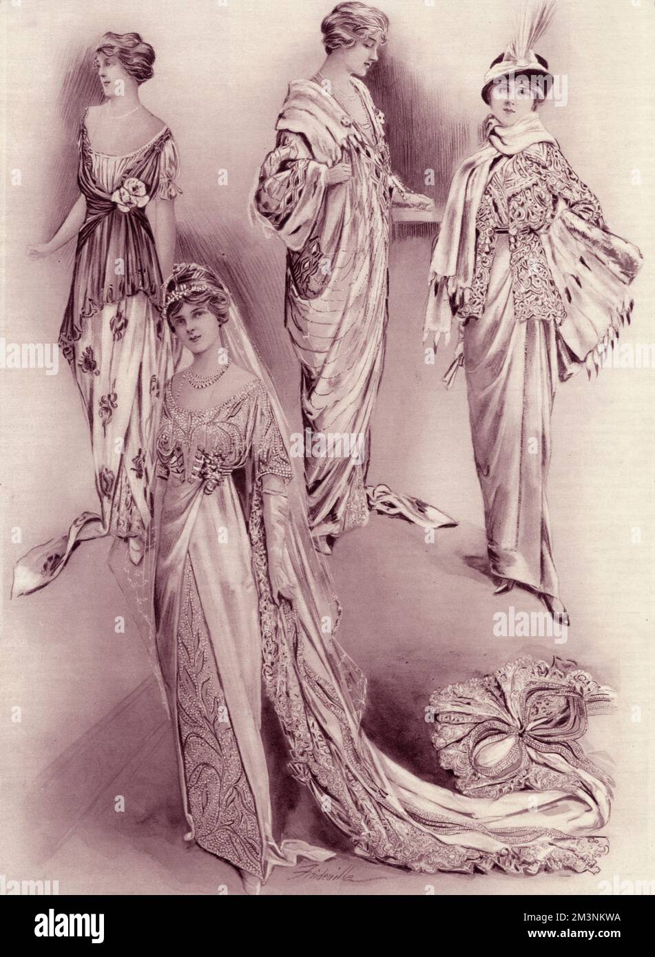 The wedding dress and three trousseau dresses designed for the wedding of Arthur, Prince of Connaught and Alexandra, Duchess of Fife, which took place in the Chapel Royal, St James's Palace, London, on 15 October 1913.  In the foreground is the wedding dress, in white charmeuse satin, with an under dress finely embroidered in leaves and in lilies with pearls, diamante and silver.  Above, from left to right, are an evening dress, an evening cloak, and the bride's going away costume in warm dove grey charmeuse.  The dresses were made by Felix Barolet of Knightsbridge.   October 1913 Stock Photo