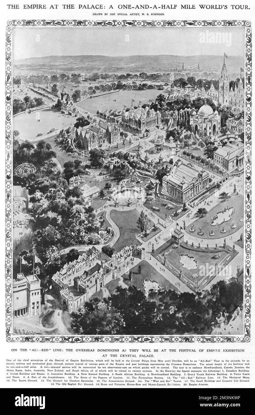 The Empire at the Palace: a one-and-a-half mile world's tour. The Festival of Empire at the Crystal Palace (held from May to October 1911), featured the All-Red route, a tour by specially-built electric railway and mechanical boat, around reconstructions of various parts of the British Empire, and past buildings representing the Overseas Dominions. 1. Canadian Building; 2. Indian Building and Bazaar; 3. Australian Building; 4. New Zealand Building; 5. South African Building; 6. Newfoundland Building; 7. Grand Truck Railway Building; 8. Tudor Castle and Street; 9. Part of the Amphitheatre; 10. Stock Photo