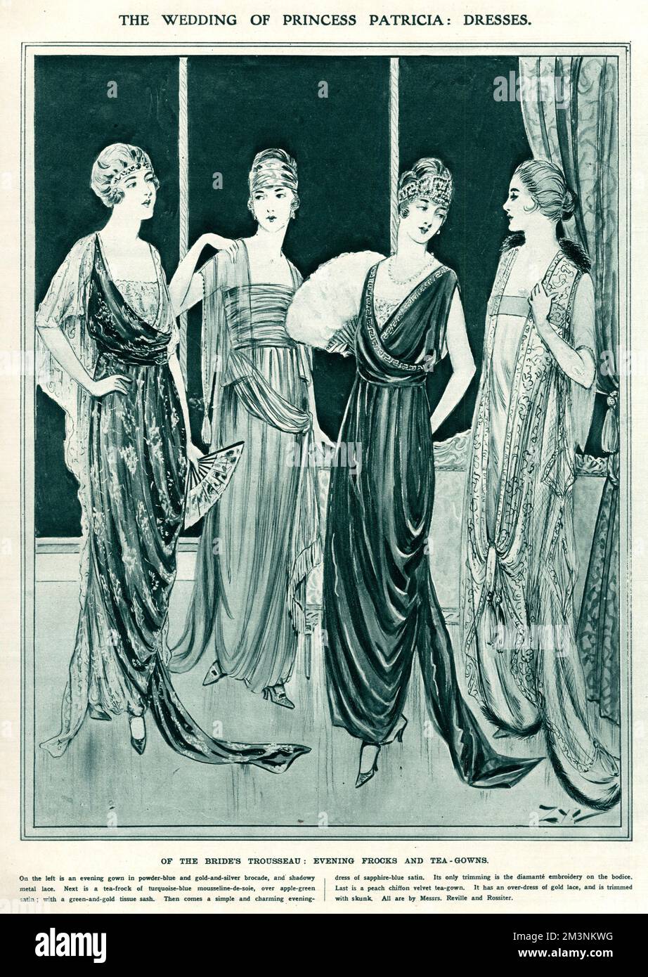 Four items from Princess Patricia of Connaught's trousseau, consisting of evening frocks and tea gowns.  The dresses are, from left to right, an evening gown in powder blue with gold and silver brocade; a tea frock of turquoise blue mousseline de soie over apple green satin; an evening dress of sapphire blue satin; and a peach chiffon velvet tea gown.  All of the dresses were by Messrs Revill and Rossiter.  Princess Patricia, a granddaughter of Queen Victoria, married Commander Alexander Ramsay RN on 27 February 1919.  On her marriage she relinquished her royal title and became Lady Patricia Stock Photo