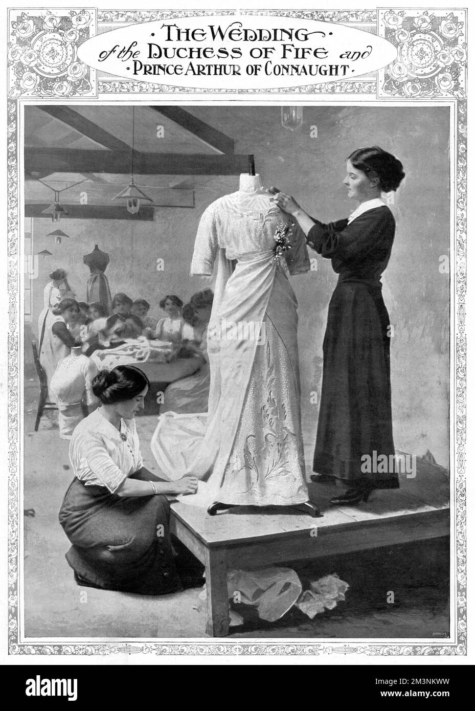 Women in the workshop of Felix Barolet in Knightsbridge, making the wedding dress for the wedding of Arthur, Prince of Connaught and Alexandra, Duchess of Fife, which took place in the Chapel Royal, St James's Palace, London, on 15 October 1913.  In the foreground are two women, working on the dress on a tailor's dummy, on a raised platform.  It was made of white charmeuse satin, with an under dress finely embroidered in leaves and in lilies with pearls, diamante and silver.  In the background several more women are at work, sitting round a table.    October 1913 Stock Photo