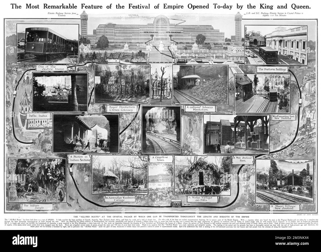 A diagram of the All-Red Route at the Festival of Empire, opened on 12th May 1911 by King George V and Queen Mary. The route was essentially an electric railway line laid down at a cost of 90,000 (in 1911), to link together the pavilions of Canada, Australia, New Zealand, South Africa and India at the Festival of Empire at the Crystal Palace.     Date: 1911 Stock Photo