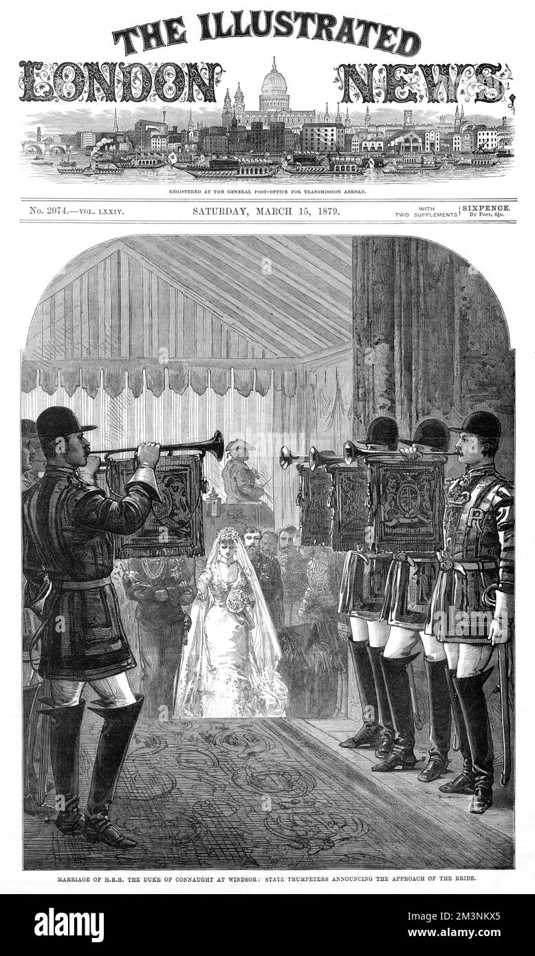 Scene at the wedding of Prince Arthur, Duke of Connaught and Strathearn, and  Princess Louise Margaret of Prussia, on 13 March 1879 at St George's Chapel, Windsor, with state trumpeters announcing the approach of the bride.  On her marriage she became Duchess of Connaught, and her name was anglicised from Luise Margarete to Louise Margaret. Stock Photo