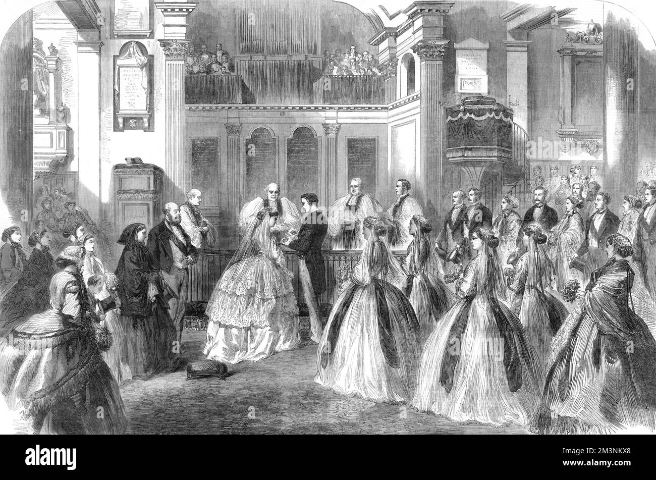 Scene during the marriage service of Francis, Duke of Teck and Princess Mary Adelaide of Cambridge, at St Anne's Church, Kew, west London (then in Surrey).  Princess Mary was a granddaughter of George III, and became Duchess of Teck on her marriage.  She was the mother of the future Queen Mary, consort of George V.   12 June 1866 Stock Photo