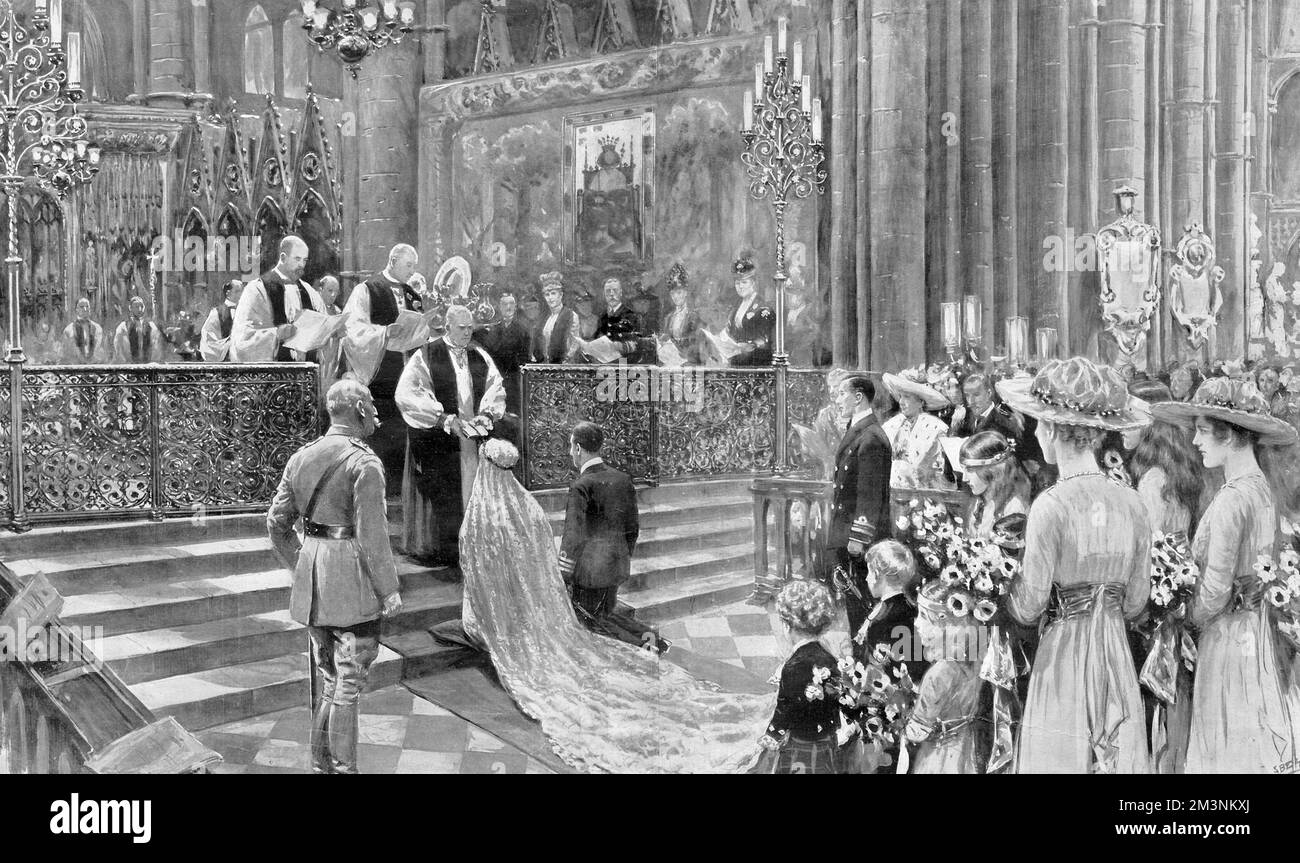 Scene during the wedding service of Princess Patricia of Connaught and Commander Alexander Ramsay RN.  They were married in Westminster Abbey by the Archbishop of Canterbury.  On her marriage Princess Patricia, a granddaughter of Queen Victoria, relinquished her royal title and became Lady Patricia Ramsay.   27 February 1919 Stock Photo