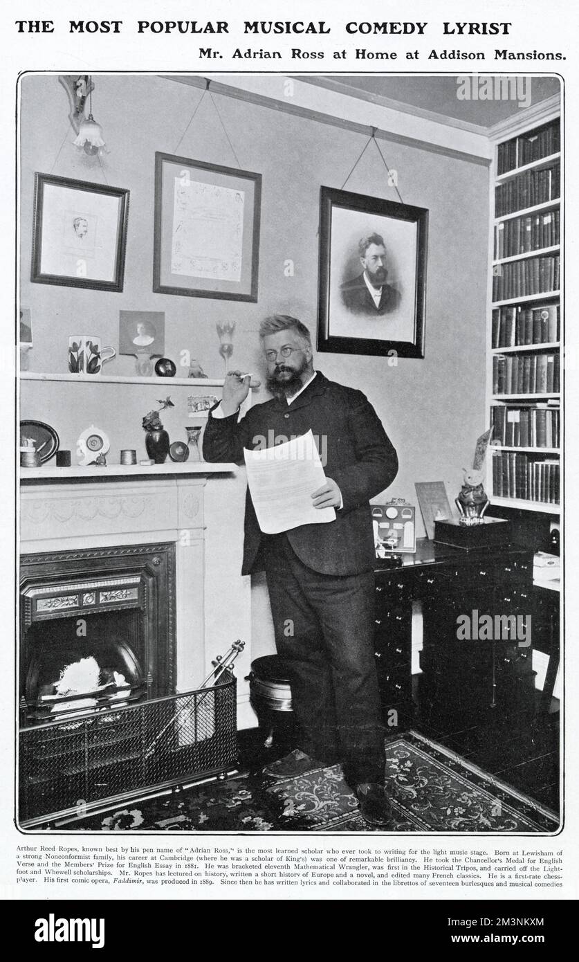 Arthur Reed Ropes (1859 - 1933), better known by his pen name of Adrian Ross, pictured at home at Addison Mansions in London.  A scholar at Cambridge, Ropes was a musical comedy lyricist who also wrote and lectured on history, edited French and German classics and was a fine chess player. Also a contributor to Punch, The Sphere and The Tatler.  His first comic opera, Faddimir, was produced in 1889 and he also collaborated on several other hugely popular musicals including Lilac Time and The Merry Widow.  He used the pseudonym Adrian Ross due to concern that his career as a musical comedy lyri Stock Photo