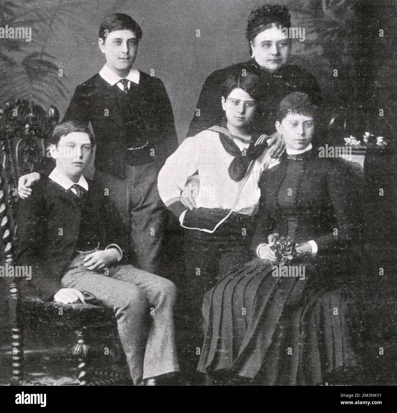 Princess Mary Adelaide of Cambridge (Duchess of Teck) with her four children, including May (lower right), who became Queen Mary.  The boys were Adolphus, Francis and Alexander.      Date: circa 1880s Stock Photo
