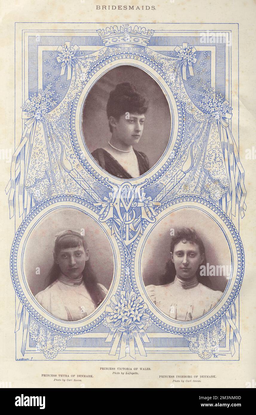Princess Victoria of Wales (top), Princess Thyra of Denmark (lower left) and Princess Ingeborg of Denmark (lower right), three of the six bridesmaids of Princess Maud of Wales, youngest daughter of Edward VII and Queen Alexandra, and Prince Charles (or Carl) of Denmark, later King Haakon VII, King of Norway.  The wedding took place on 22 July in the private chapel of Buckingham Palace, London.  (1 of 2)     Date: July 1896 Stock Photo