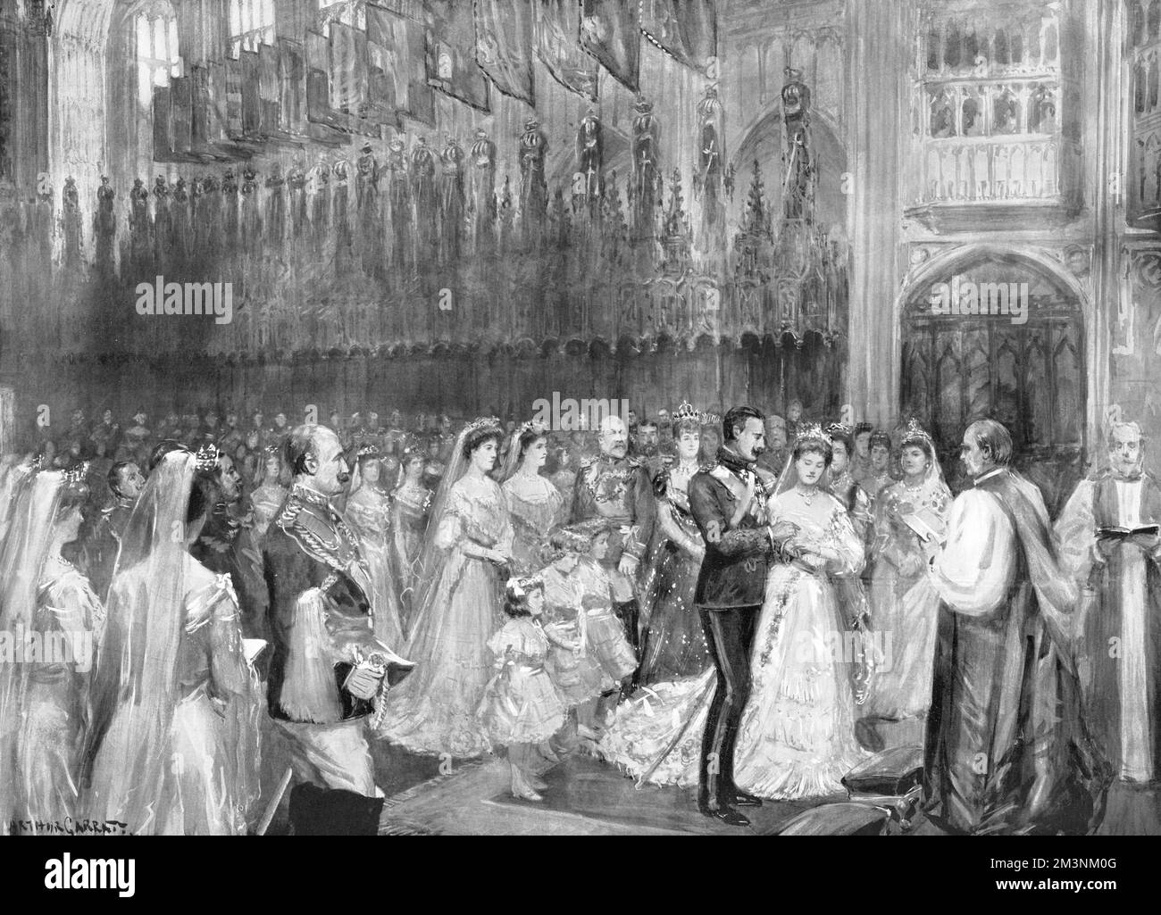 Scene at the wedding ceremony of Princess Alice of Albany, later Countess of Athlone (1883-1981) and Prince Alexander of Teck, later Alexander Cambridge, 1st Earl of Athlone (1874-1957).  The wedding took place on 10 February 1904 at St George's Chapel, Windsor.  The Archbishop of Canterbury officiated.  Behind the couple are three young bridesmaids: Princess Helen of Waldeck-Pyrmont (age 5), Princess Mary of Wales (age 7), and Princess Mary of Teck (age 7).  The two older bridesmaids behind them are Princess Margaret and Princess Patricia of Connaught.  King Edward VII and Queen Alexandra are Stock Photo