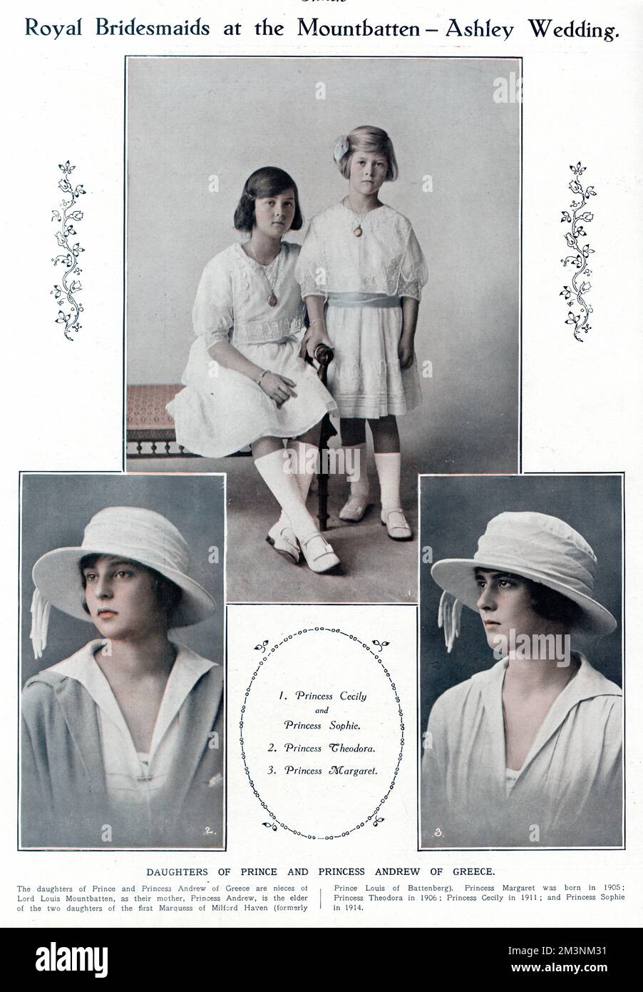 The daughters of Prince and Princess Andrew of Greece, nieces of Lord Louis Mountbatten, who all were bridesmaids at his wedding to Lady Edwina Ashley on 18 July 1922.  The top photograph shows Princess Cecily and Princess Sophie, the bottom left is Princess Theodora and the bottom right is Princess Margaret.  The four girls are all elder sisters of Prince Philip, Duke of Edinburgh.     Date: 1922 Stock Photo