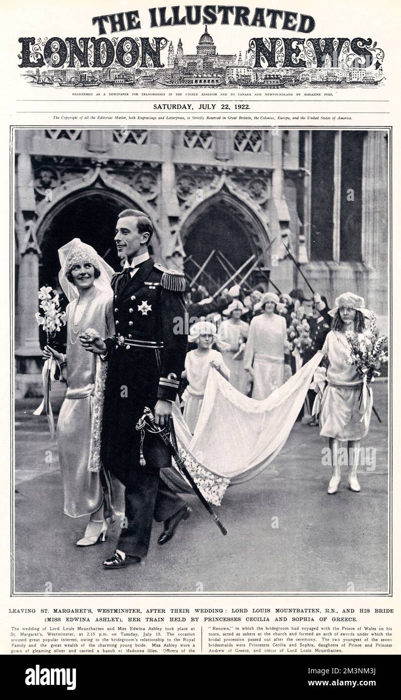 Front cover of The Illustrated London News depicting Lord Louis Mountbatten escorting his new bride Lady Edwina Ashley after their marriage at St. Margarets, Westminster on 18 July 1922.  The bride wears a silver dress by Reville and Rossiter and carries a bouquet of Madonna lilies and her train is attended to by bridesmaids, Princesses Cecilia and Sophia of Greece (sisters of Prince Philip, Duke of Edinburgh).  Officers of the 'Renown', the ship in which the bridegroom had voyaged with the Prince of Wales on his tours, acted as ushers at the church and formed an arch of swords under which the Stock Photo