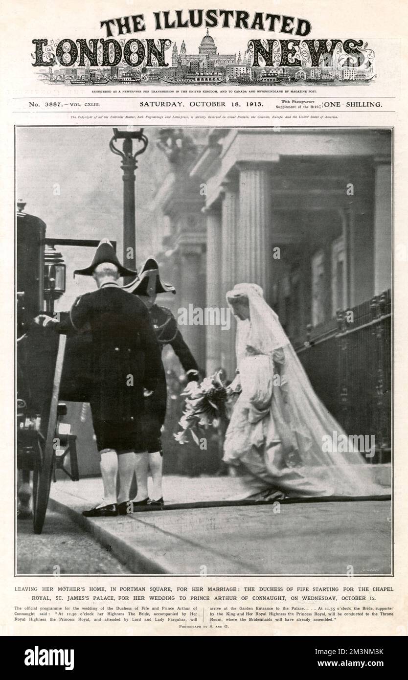 Alexandra, Duchess of Fife, leaving her mother, the Princess Royal's home in Portman Square, London for her marriage to Prince Arthur of Connaught at the Chapel Royal, St. James's  Palace on 15 October 1913.     Date: 1913 Stock Photo