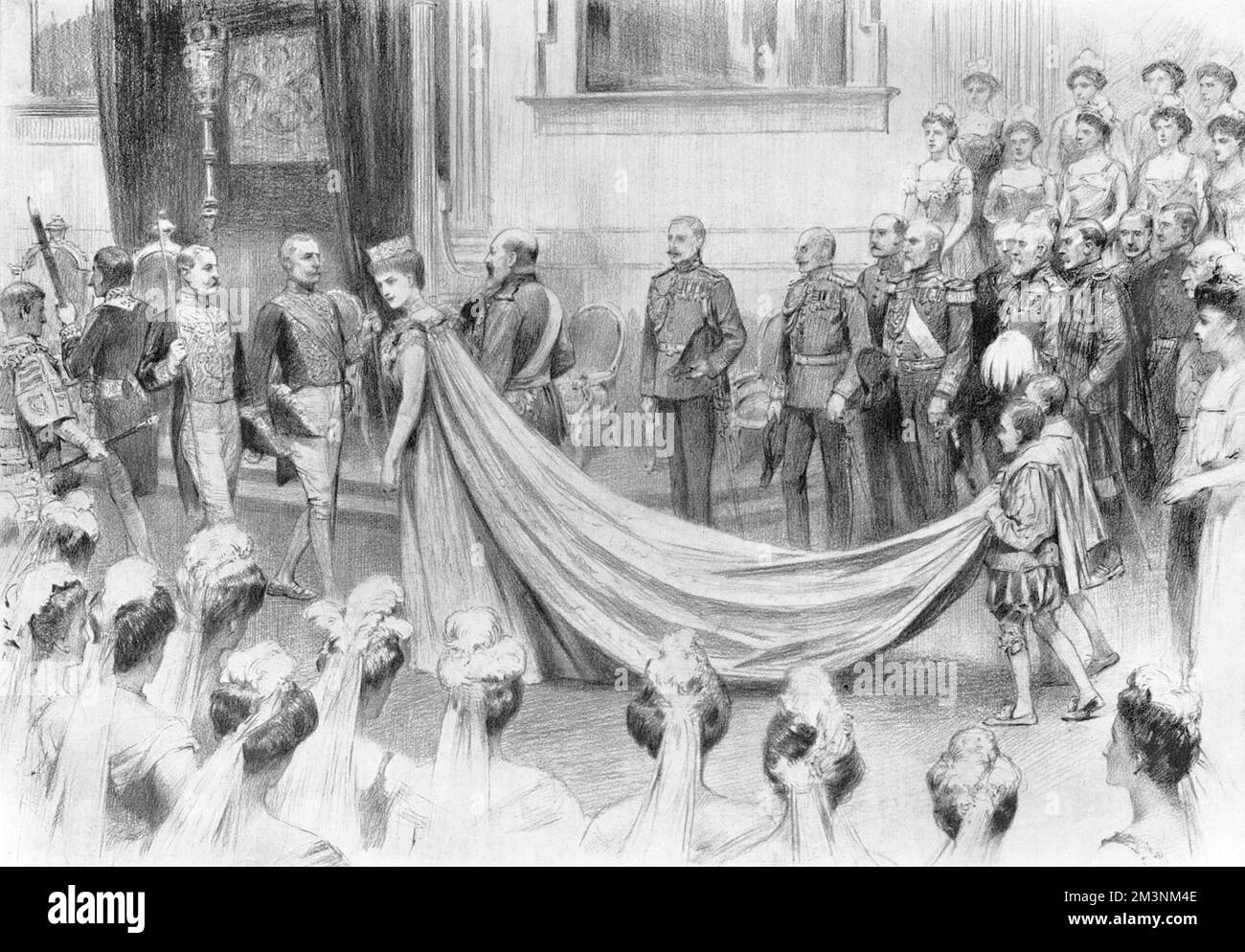 The King and Queen in Ireland: their Majesties' Court in Dublin Castle. Edward VII and Queen Alexandra entering St Patrick's Hall for the court ceremonial on the evening of 23rd July 1903. The royal procession was headed by Lord Dudley, the Lord Lieutenant of Ireland who bore the Sword of State.     Date: 23rd July 1903 Stock Photo
