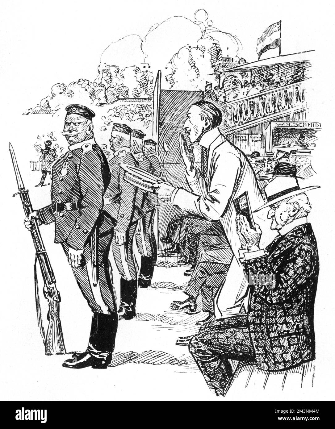 A light-hearted, humorous but also quite prescient look at what England might be like if German.  A scowl from a soldier with a bayonet reminds a spectator that cheering during a match is forbidden at Lord's cricket ground.  The cartoon reinforces stereotypes of the increasingly militarised German nation leading up to the outbreak of World War I.     Date: 1909 Stock Photo
