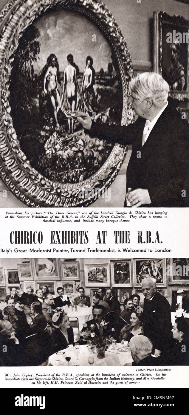 Feature in The Tatler, 25th May 1949 : Giorgio de Chirico exhibits at the Royal Society of British Artists. Italy's great Modernist painter, turned traditionalist, is welcomed to London. The top image shows de Chirico varnishing his painting The Three Graces, at the Suffolk Street Galleries. The lower image shows John Copley, President of the R.B.A. speaking at the luncheon of welcome.     Date: 1949 Stock Photo