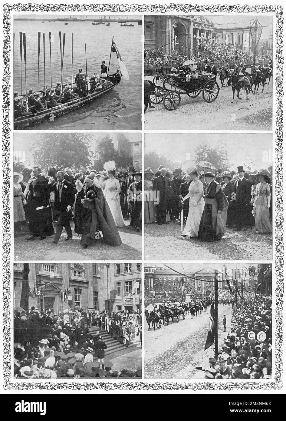 Page from the Illustrated London News 15th July 1911 about King George V's visit to Ireland - 'a repetition of &quot;unmixed pleasure&quot;'. From top left: the royal party land at Kingstown; the King driving past the Bank of Ireland, formerly the Irish House of Parliament; at Maynooth; the Queen at Maynooth in the grounds; receiving an address at Trinity College, Dublin; the crowd in College Green, welcoming the king.  1911 Stock Photo