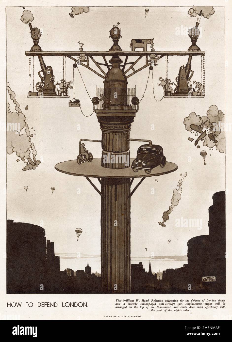 Suggestion by William Heath Robinson for defence of London, a spinning platform land with camouflaged anti-aircraft guns. Stock Photo