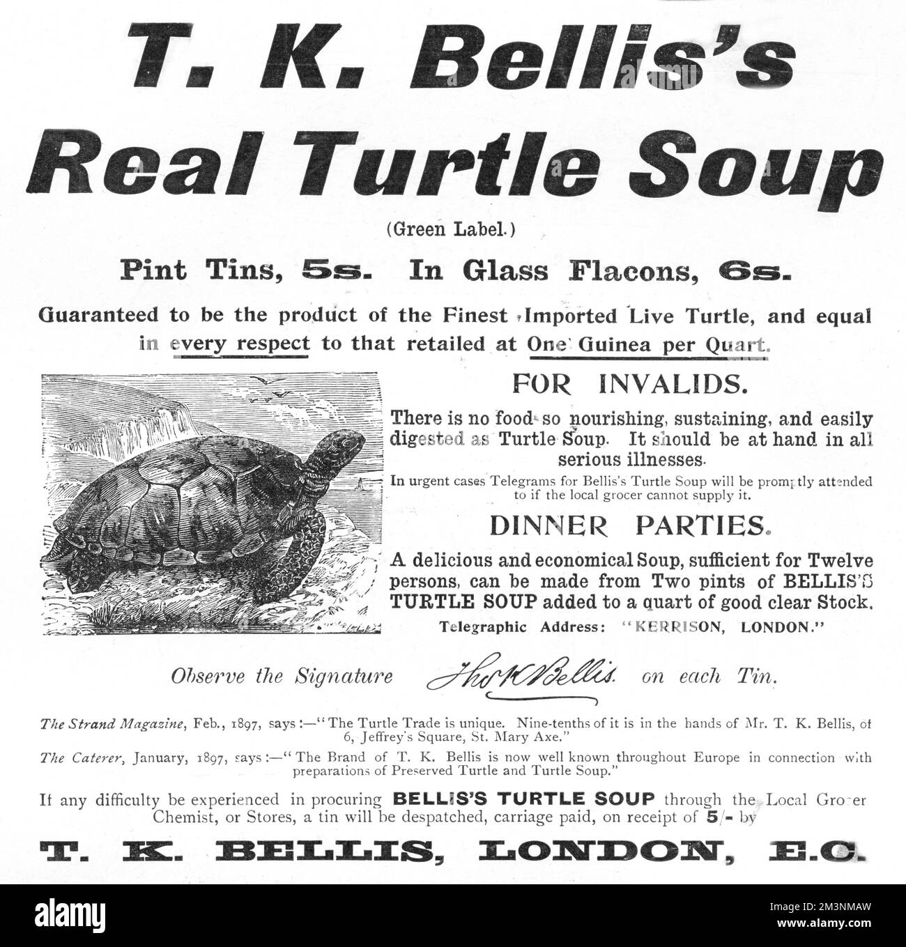 T.K Bellis's Real Turtle Soup. Guarenteed to be the product of the Finest Imported Live Turtle. Delicious and economical, nourishing, sustaining and easily digested, it is perfect for dinner parties and invalids.  A cheaper alternative to this(not advertised here) was mock turtle soup, which was made from a calf's head.     Date: 1898 Stock Photo