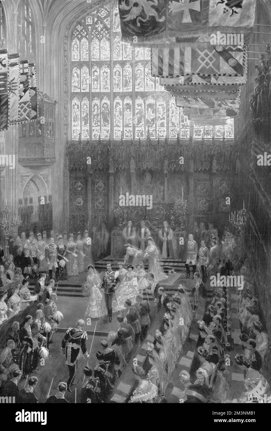 The wedding of Prince Alexander of Teck (1874 - 1957) to Princess Alice of Albany (1883 -1981) at St. Georges Chapel, Windsor on 10 February 1904.  The picture shows the newlyweds leaving the altar, with the magnificent Gothic arches and stained glass window providing a majestic backdrop.     Date: 1904 Stock Photo