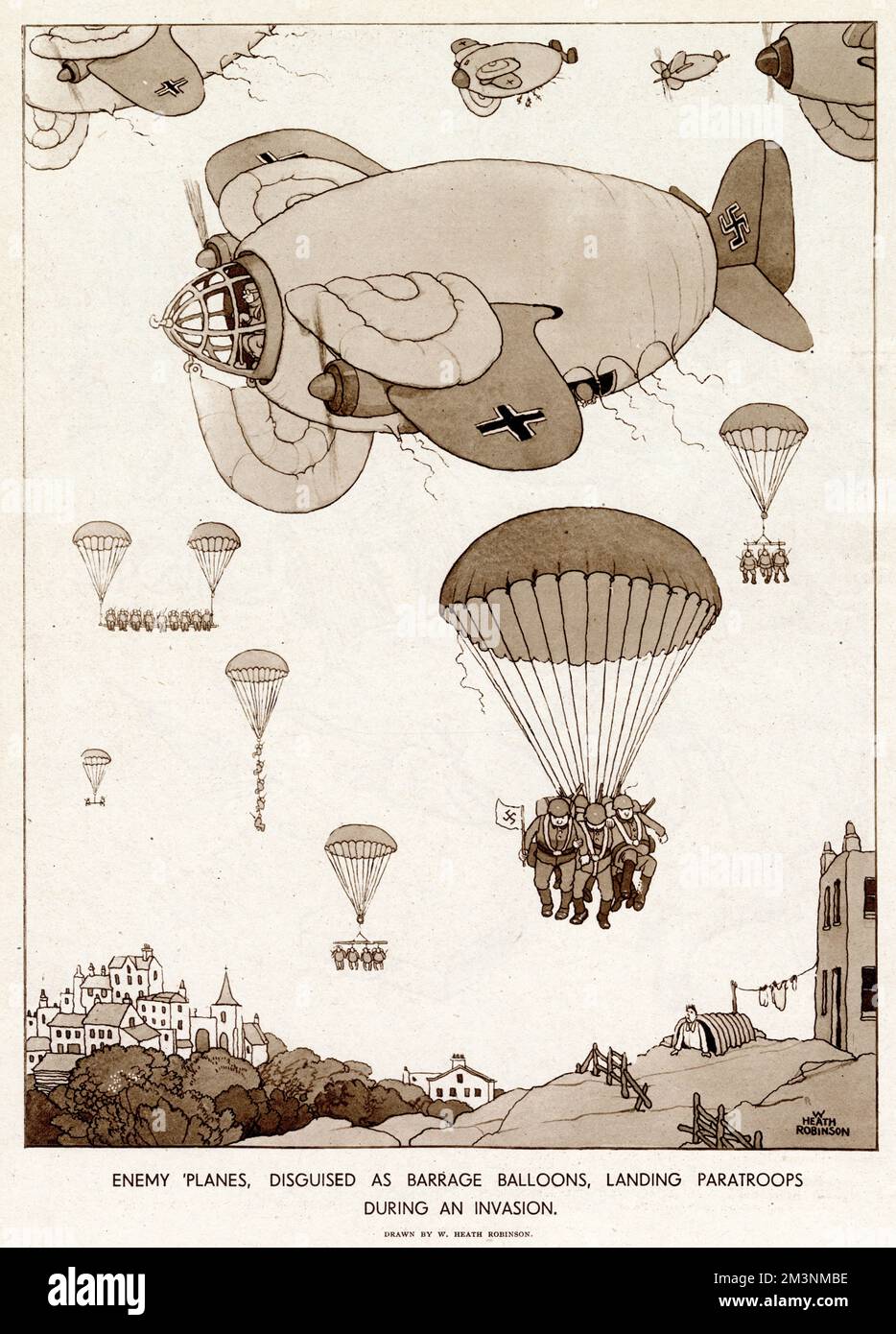 Enemy barrage balloons/planes landing parachutist in large clusters onto an unsuspecting town.      Date: 1941 Stock Photo