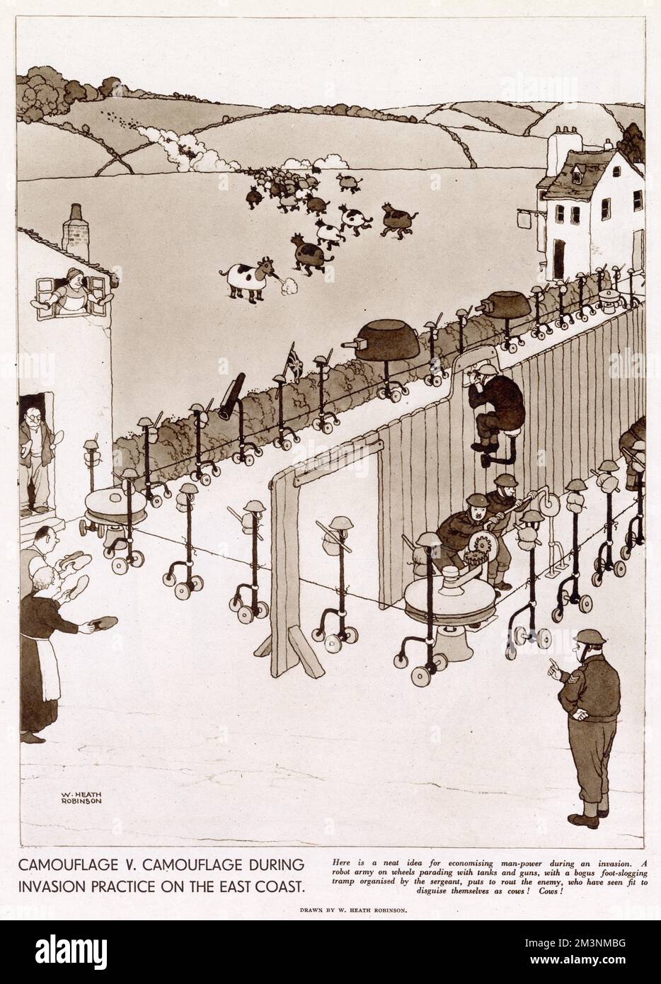 William Heath Robinson has come up with a solution to save on man-power in the East Coast of England. Revolving helmets being paraded around on a primitive pulley system with the locals clapping their shoes together to sound like marching British soldiers.       Date: 1941 Stock Photo