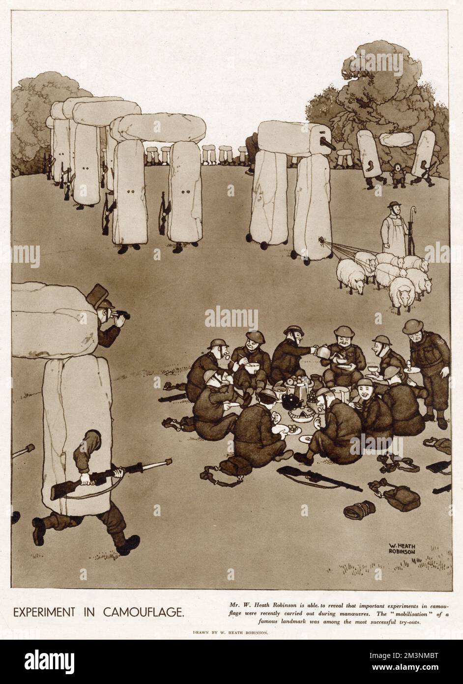 William Heath Robinson drawing showing soldiers unaware of the camouflaged famous Stonehenge moving around in Wiltshire. Stock Photo