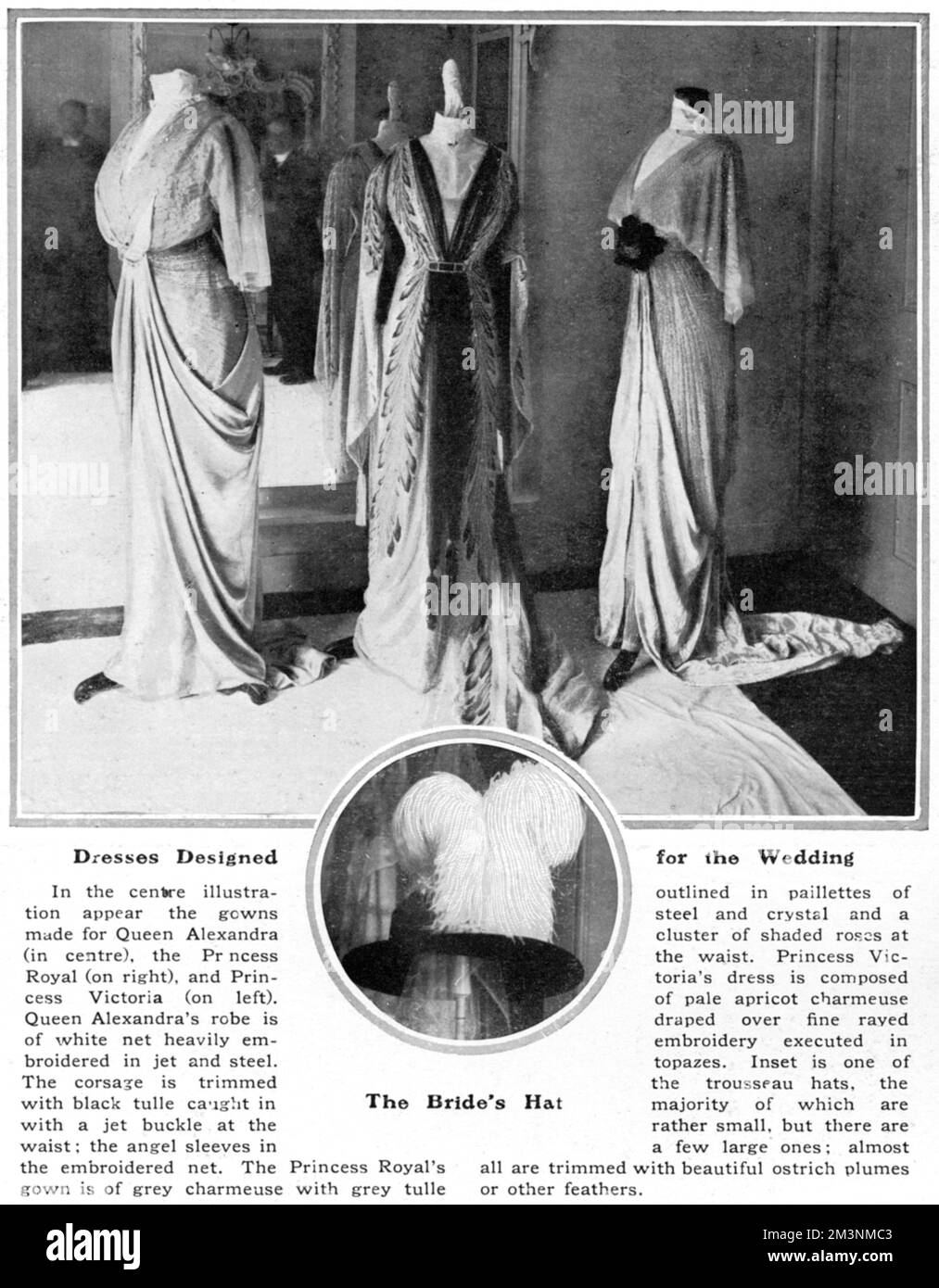 Three dresses designed for royal guests to wear to the wedding of Princess Alexandra, Duchess of Fife to Prince Arthur of Connaught.  In the centre is the dress designed for Queen Alexandra of white net heavily embroidered in jet and steel.  The corsage is trimmed with black tulle caught with a jet buckle at the waist, while the angel sleeves are of embroidered net.  The dress on the right is for the Princess Royal, the bride's mother (Princess Louise, eldest daughter of Edward VII) and of grey charmeuse with grey tulle outlined in pailettes of steel and crystal with a cluster of shaded roses Stock Photo