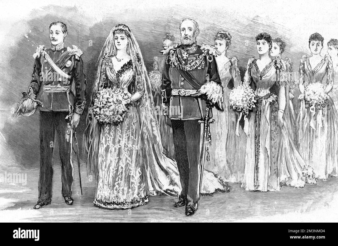 Princess Marie Louise of Schleswig-Holstein, escorted by her father, Prince Christian of Schleswig-Holstein and brother, Prince Albert, and followed by her bridesmaids makes her way down the aisle of St. George's Chapel, Windsor for her marriage to Prince Aribert of Anhalt.   Unfortunately, the unhappy marriage, which was childless, was annulled in 1900 and Marie Louise never remarried.     Date: 1891 Stock Photo