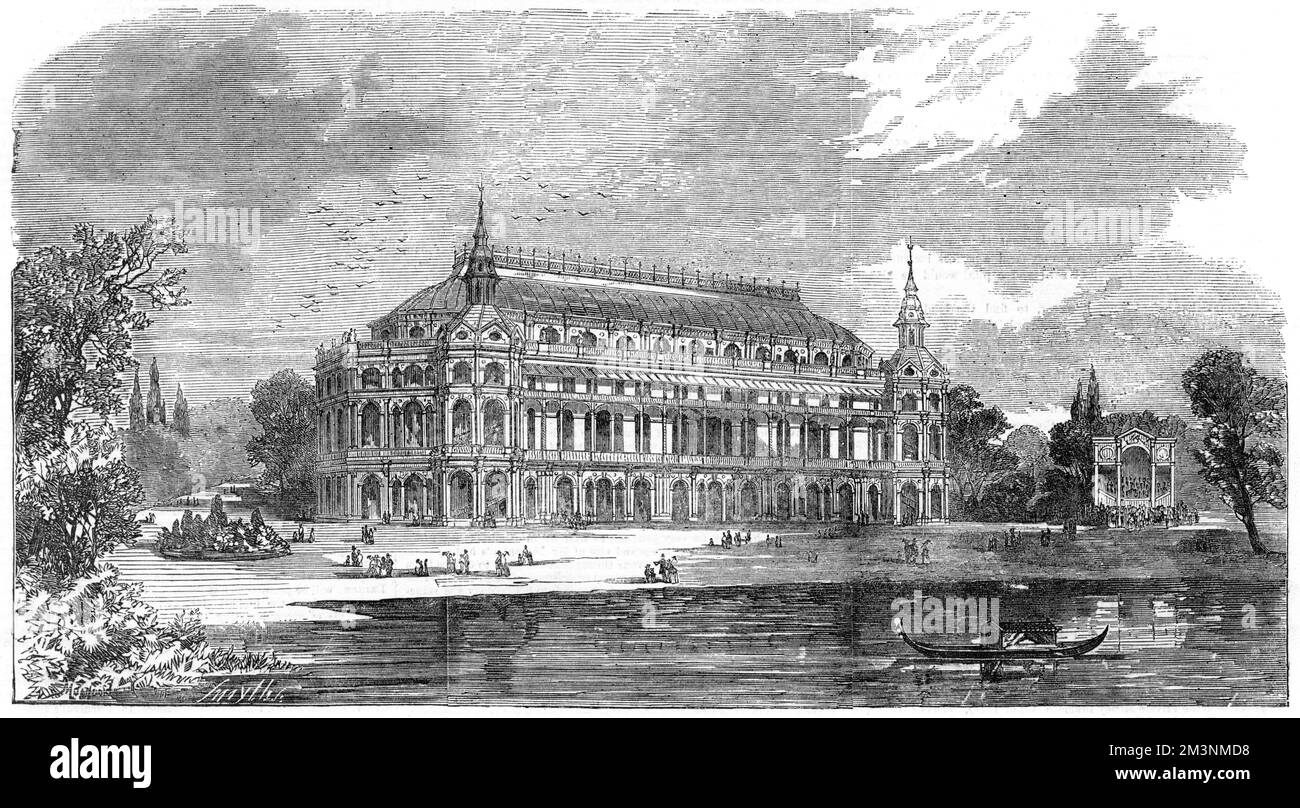 The designed proposed by Mr. Horace Jones, architect, for the music hall at Surrey Zoological Gardens.  1850 Stock Photo