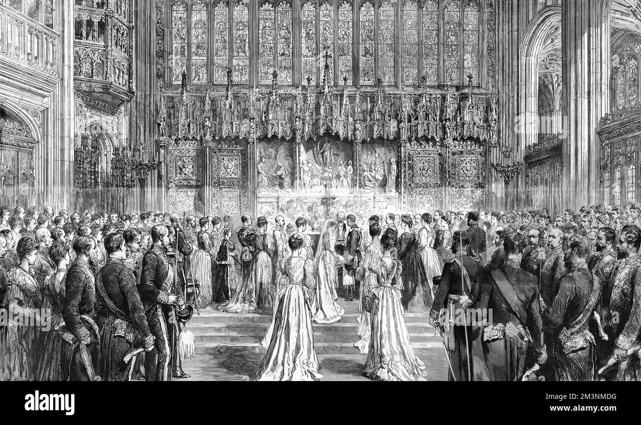 The wedding of Princess Marie Louise of Schleswig-Holstein, younger daughter of Princess Helena (Princess Christian) and granddaughter of Queen Victoria, to Prince Aribert of Anhalt at St. George's Chapel, Windsor on 6 July 1891.  The marriage was later annulled in 1900.     Date: 1891 Stock Photo