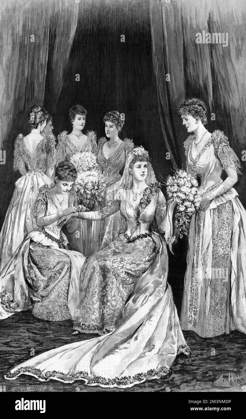 Princess Marie Louise of Schleswig-Holstein (1872 - 1956), younger daughter of Prince and Princess Christian (Helena) and granddaughter of Queen Victoria, pictured in her wedding dress being attended to by her bridesmaids before her marriage to Prince Aribert of Anhalt.  The lace used in her dress was the same Honiton point-lace worn by her mother for her marriage 25 years earlier, and was designed by the Prince Consort for Queen Victoria.  Princess Marie Louise's marriage was annulled in 1900.     Date: 1891 Stock Photo