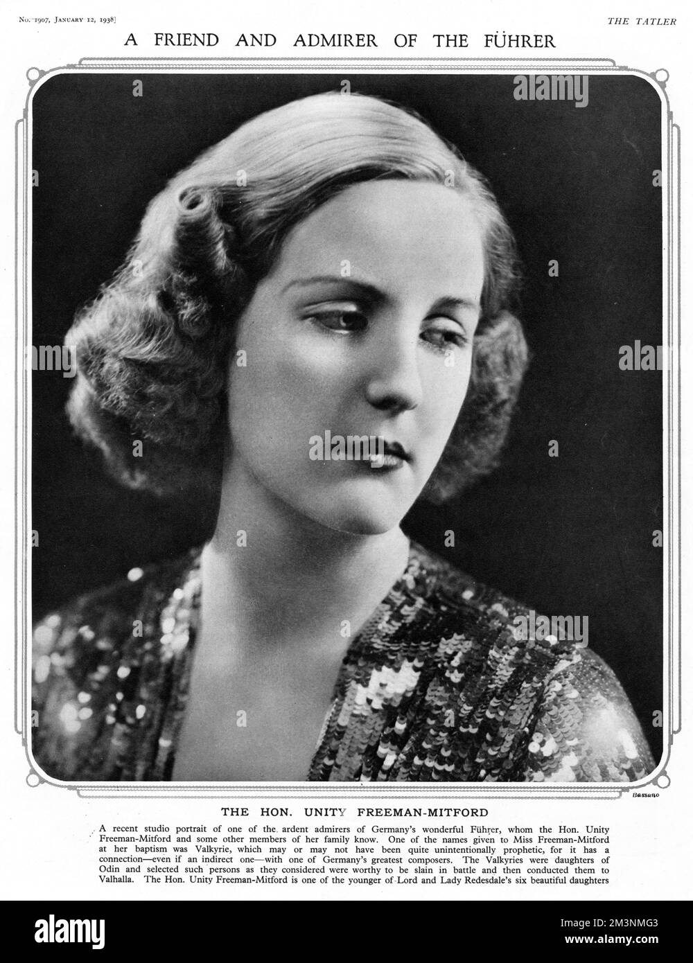 Unity Valkyrie Freeman-Mitford (1914 - 1948), fourth daughter of Lord and Lady Redesdale. Unity famously supported the Nazi party and in the period leading up to World War II, spent a large amount of time in Germany, often in the company of Adolf Hitler who she developed an obsession with. In 1939 following Britain's declaration of war on Germany she attempted suicide by shooting herself but she survived and was sent back to the UK to recover. Unity died in 1948 aged 33 after suffering from meningitis.  This photograph in the Tatler is accompanied by a caption which describes her as 'A Friend Stock Photo