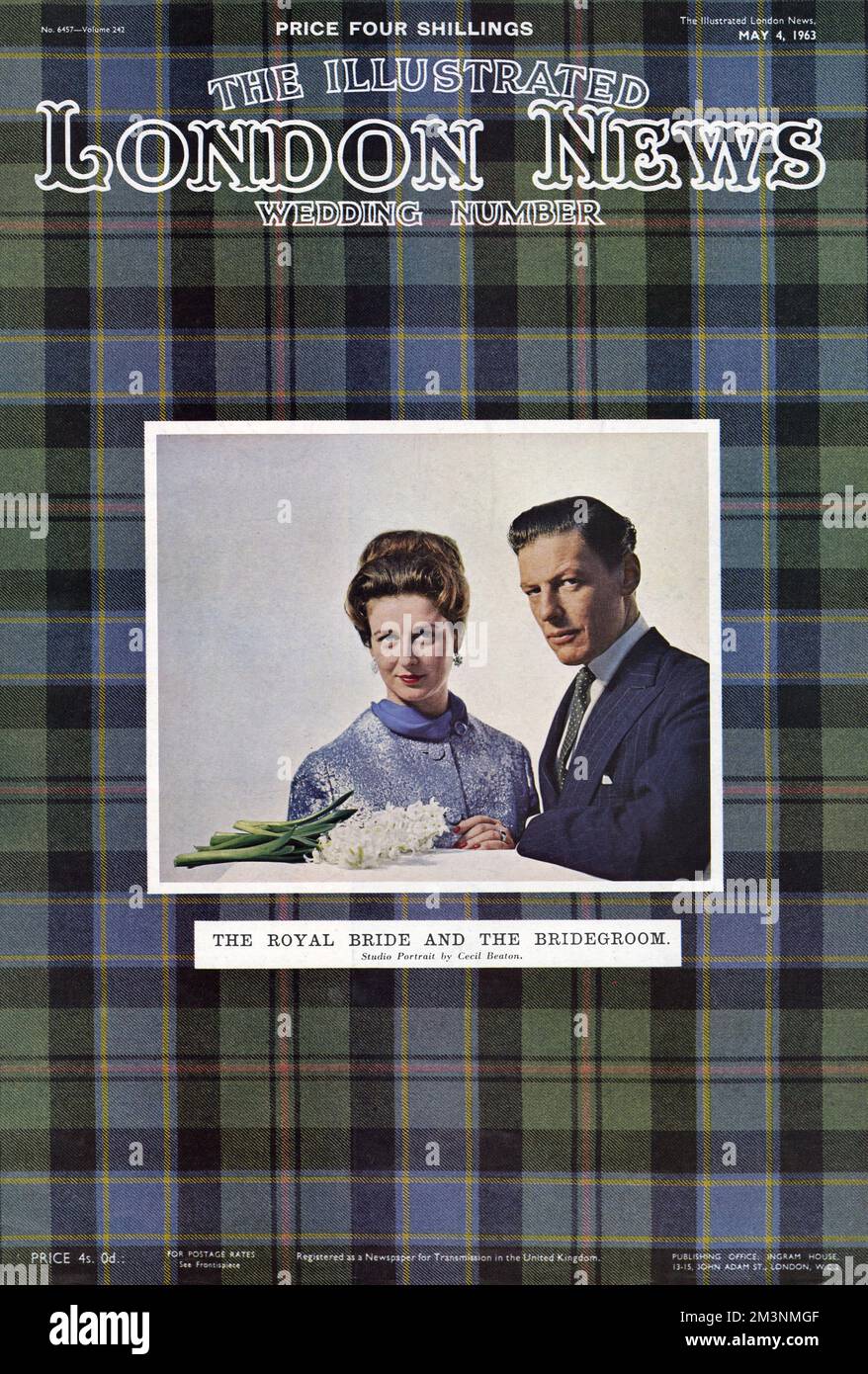 Front cover of The Illustrated London News special wedding number celebrating the marriage of Princess Alexandra of Kent to the Hon. Angus Ogilvy at Westminster Abbey on 24 April 1963.  The tartan background is a reference to the groom's Scottish heritage.          Date: 1963 Stock Photo