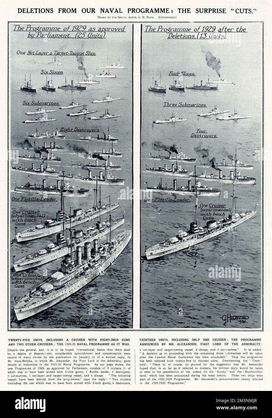 The Naval programme announced by Alexandra, First of the Admiralty, giving details of reductions in the budget of 1929-30. Stock Photo
