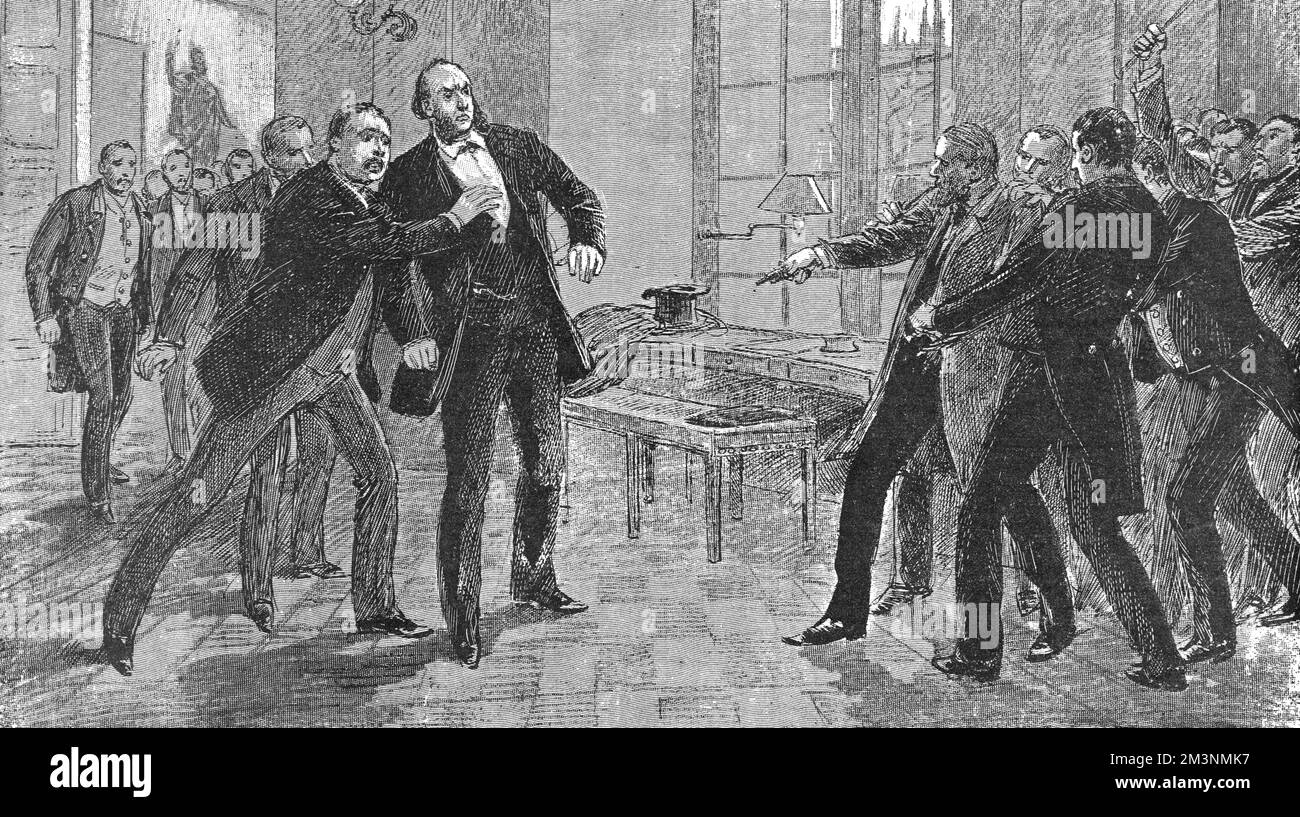 Aubertin attempts to assassinate the French politician, Jules Ferry,(1832 - 1893) at the Chamber of Deputies, Paris. Ferry was later assassinated by an Alsatian fanatic on 10th December 1892 and died a few months later.  10 December 1887 Stock Photo