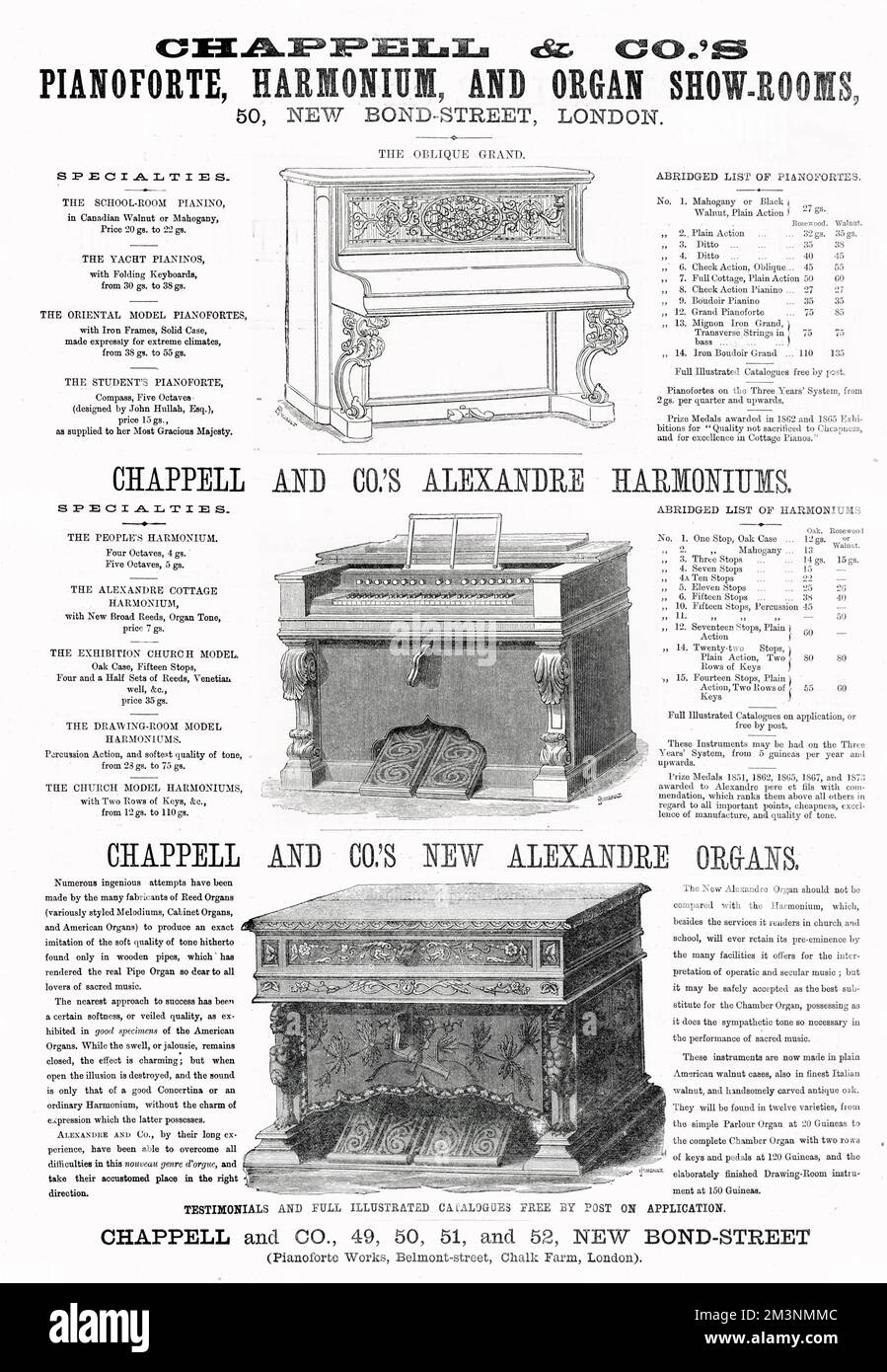 Adverts for wooden pions and organs.      Date: 1875 Stock Photo