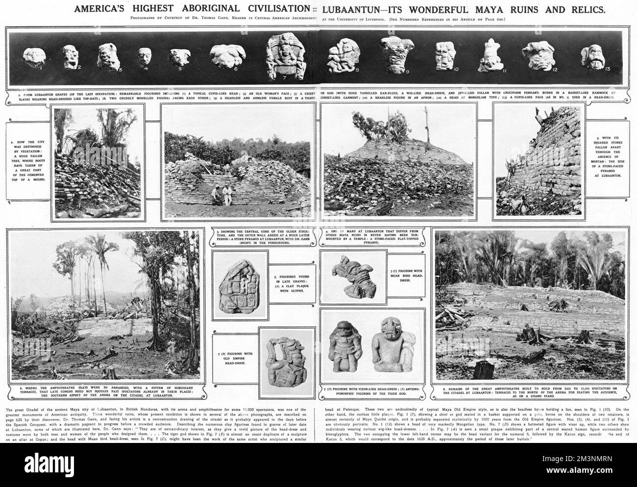 A double page spread in the Illustrated London News, detailing the finds from the Maya site of Lubaantun in British Honduras(today Belize).Figurines from graves as well as details of the remaining structures including the ampitheatre and stone faced pyramid are mentioned. The Illustrated London News took especial interest in this latest expedition, employing some of the archaeologists such as Gunn and Mitchell Heges to report back on their findings.     Date: 1925 Stock Photo