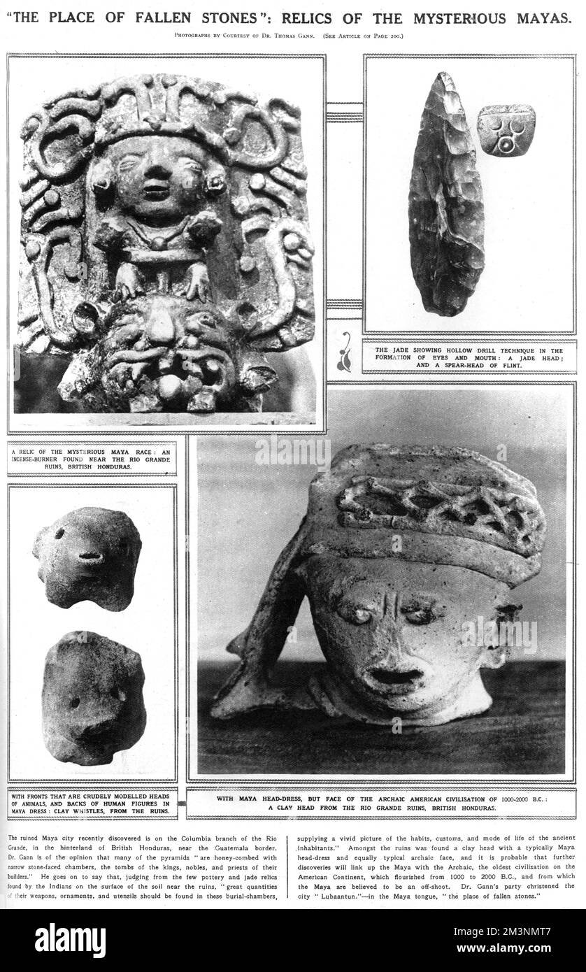 Mysterious relics from the ruined Maya city of Lubaatun on the Columbia branch of the Rio Grande, British Honduras(today Belize). Discovered in 1924, the city was christened 'Lubaatun' by the archaeologists before they left, meaning  'place of fallen stones' in the Mayan language.     Date: 1924 Stock Photo