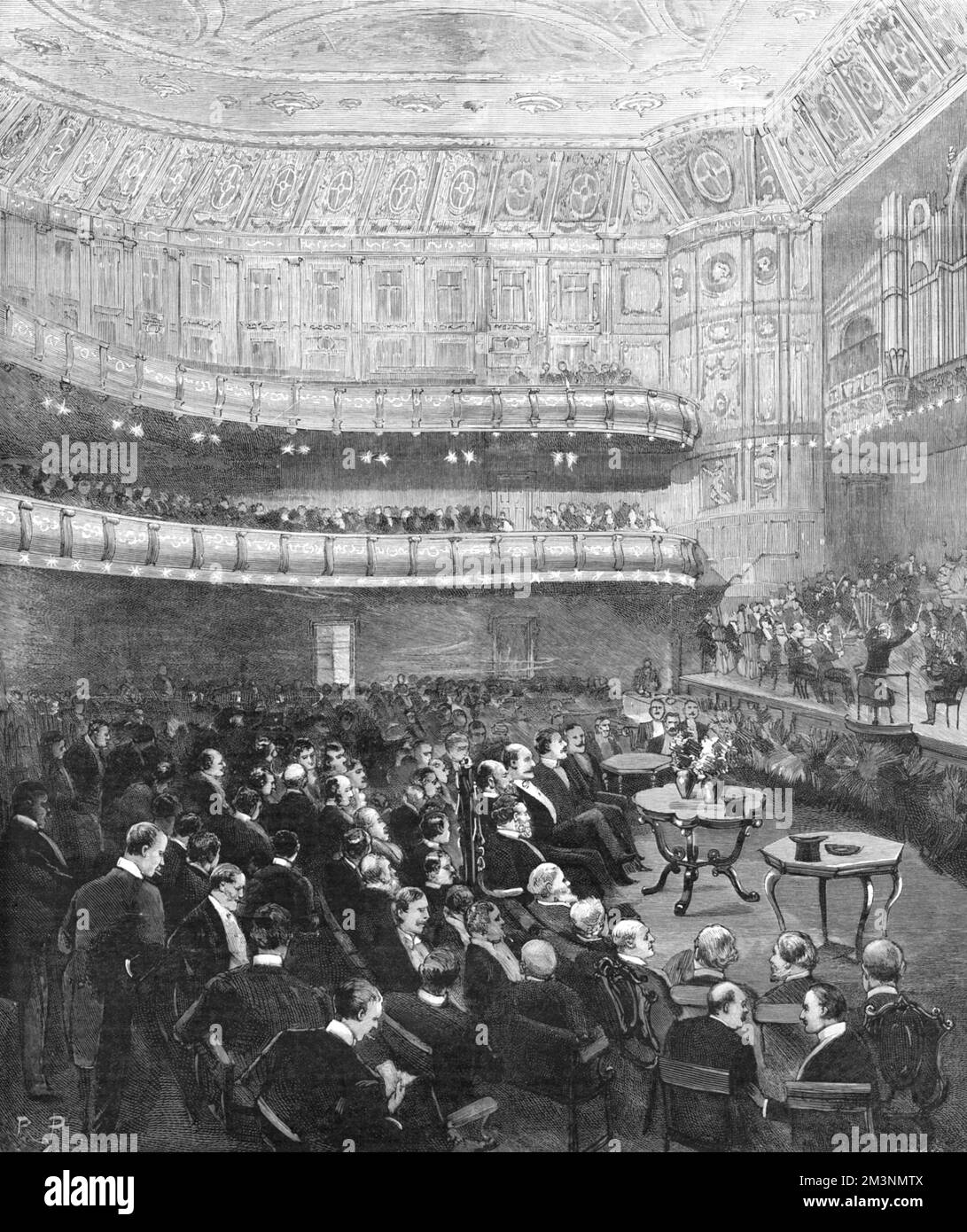 The first smoking concert given by the Royal Amateur Orchestral Society at the then new Queen's Hall, Langham Place, in the presence of the Prince of Wales(later King Edward VII), Duke Alfred of Saxe Coburg, and the Duke of Connaught. The hall seated 3,000 people, and was lit throughout with eletcric light and gas.  27th November 1893 Stock Photo