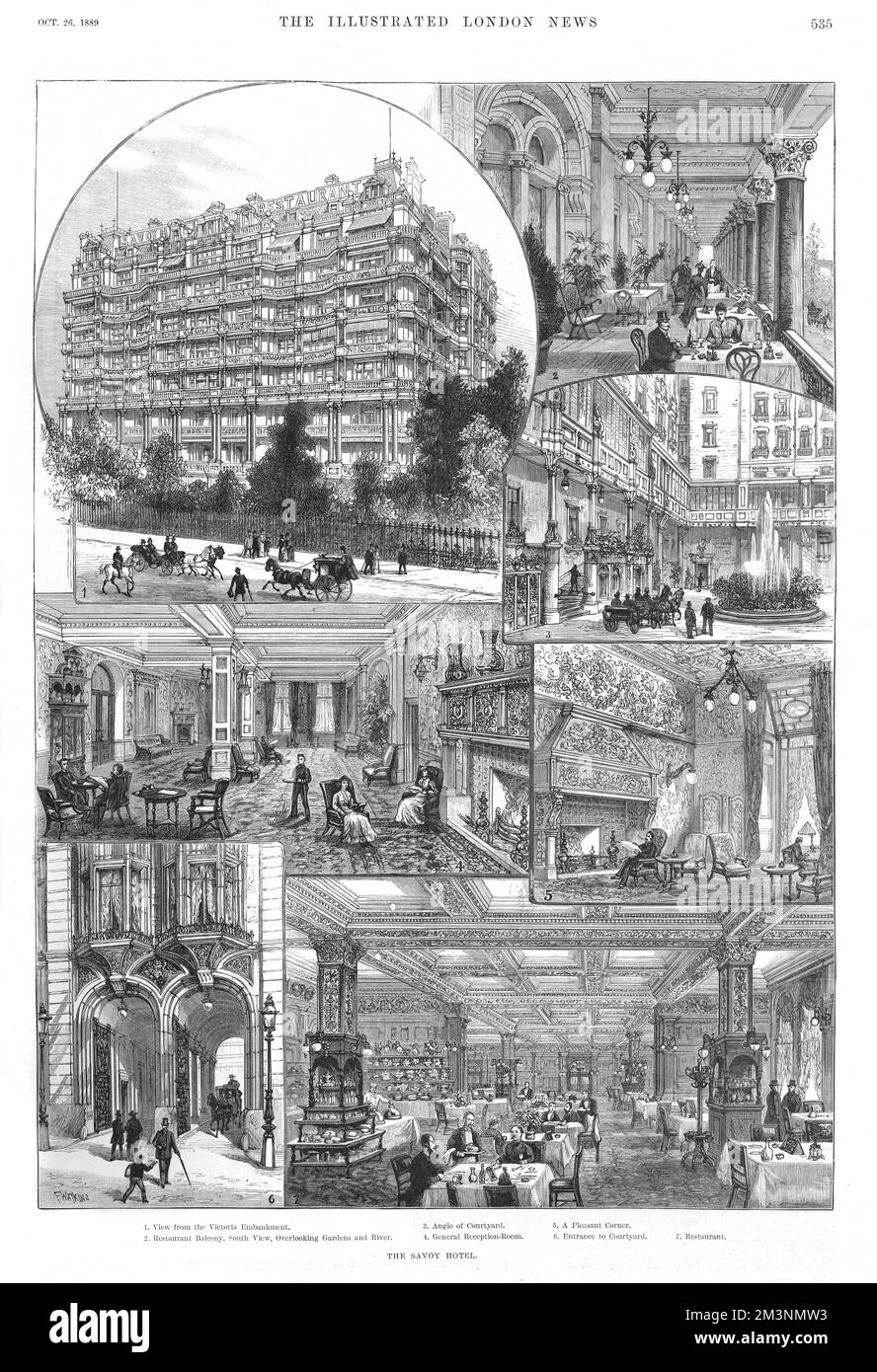 Various scenes at the Savoy Hotel, London, 1889. The courtyard, restaurant balcony and General Reception Room are shown.     Date: 1889 Stock Photo