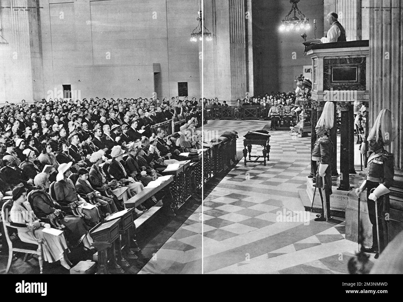 Festival of Britain service of dedication, St Paul's Cathedral, London.  The Archbishop of Canterbury, Dr Fisher, speaks from the pulpit.  The congregation includes members of the royal family -- King George VI and Queen Elizabeth, Queen Mary, Princess Elizabeth and the Duke of Edinburgh, and Princess Margaret.       Date: 3 May 1951 Stock Photo