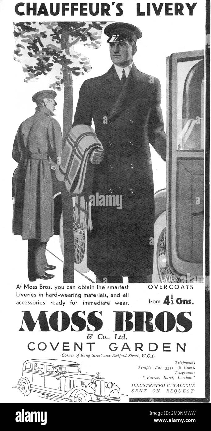 Advertisement for chauffeur's livery, available from Moss Bros of Covent Garden, London 'in hard-wearing materials with accessories ready for immediate wear'.     Date: 1934 Stock Photo