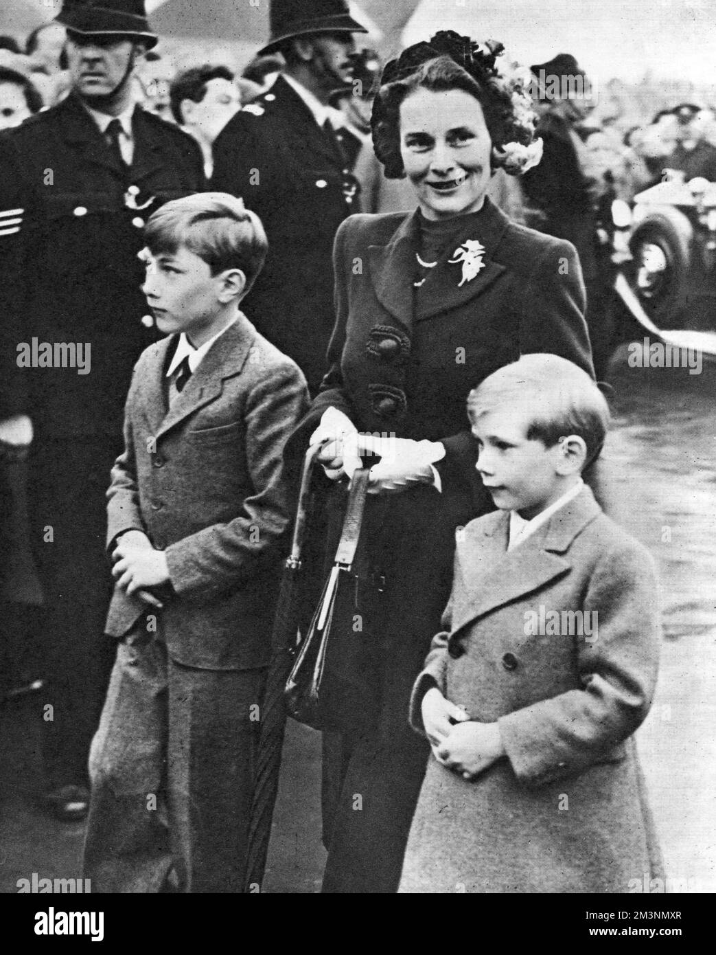 Scene at a royal visit to the Festival of Britain site on the South Bank, London.  Here the Duchess of Gloucester is seen arriving, with her two sons, Prince William (left) and Prince Richard (right).       Date: 4 May 1951 Stock Photo