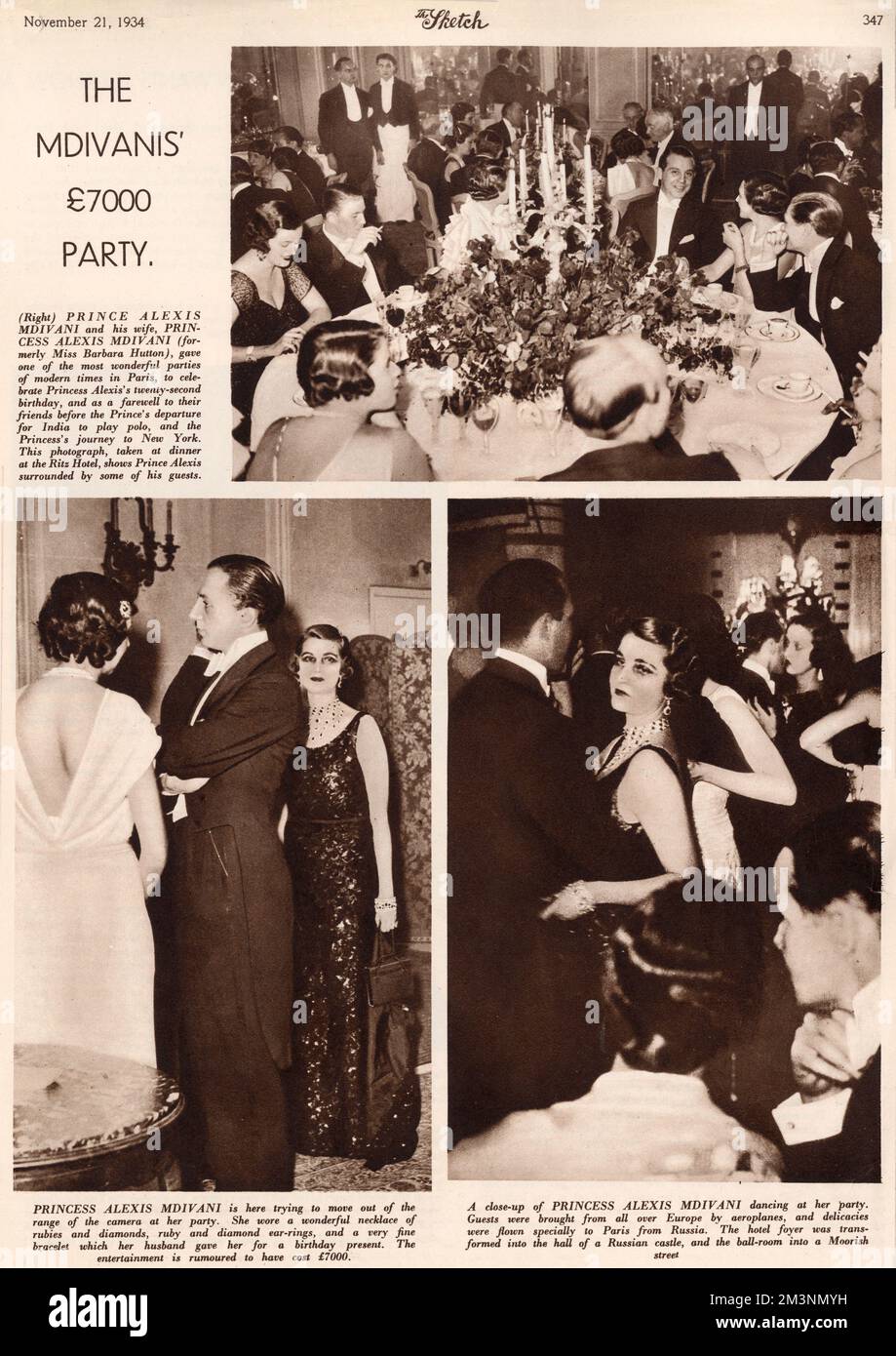 Page from the Sketch with photographs of 'one of the most wonderful parties of modern times' held at the Ritz Hotel in Paris by Prince Alexis Mdivani and his wife, formerly Miss Barbara Hutton, the Woolworth heiress.  The event was to celebrate Princess Alexis's twenty second birthday and was also a farewell to their friends before the Prince's departure for India to play polo.     Date: 1934 Stock Photo