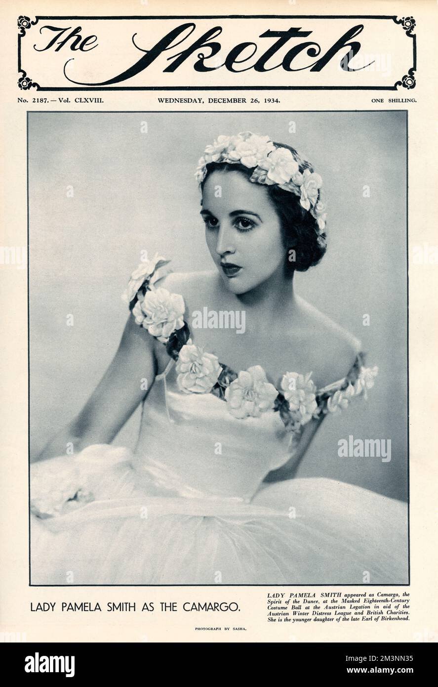 LADY PAMELA SMITH (1915 - 1982), younger daughter of the 1st earl of Birkenhead. In 1936 she married Hon. William Michael Berry, Baron Hartwell, and was later styled Baroness Hartwell. Dressed here as Camargo, the Spirit of the Dance, as the Masked Eighteenth Century Costume Ball at the Austrian Legation in aid of the Austrian Winter Distress League and British Charities.     Date: 1934 Stock Photo
