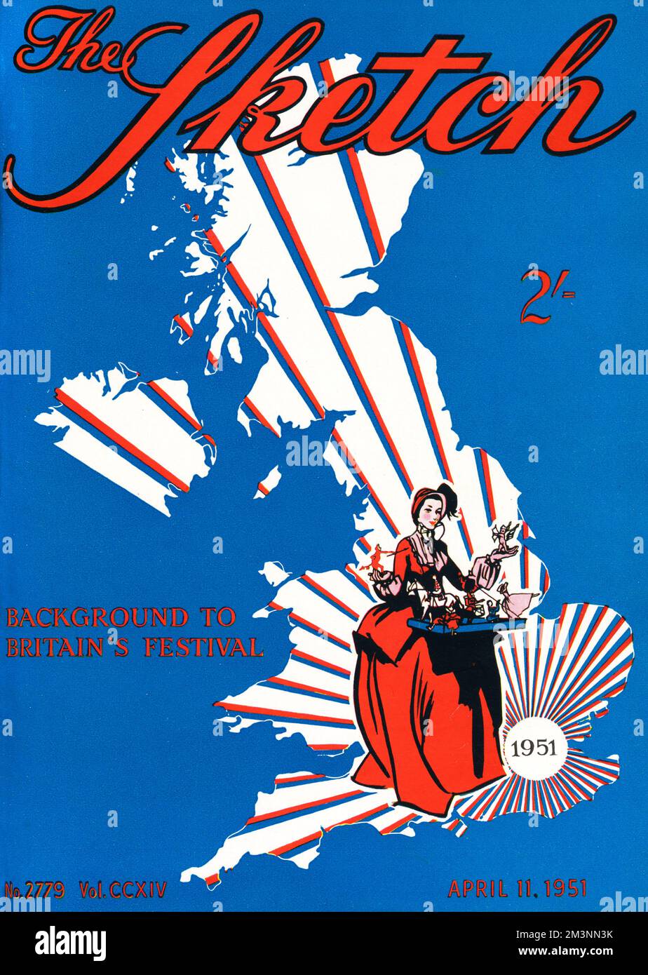 Front cover of the Sketch magazine, showing a map of the United Kingdom with rays emanating from the London area, together with a lady in historical costume holding a tray of toys, to represent the Festival of Britain about to open on London's South Bank.       Date: April 1951 Stock Photo