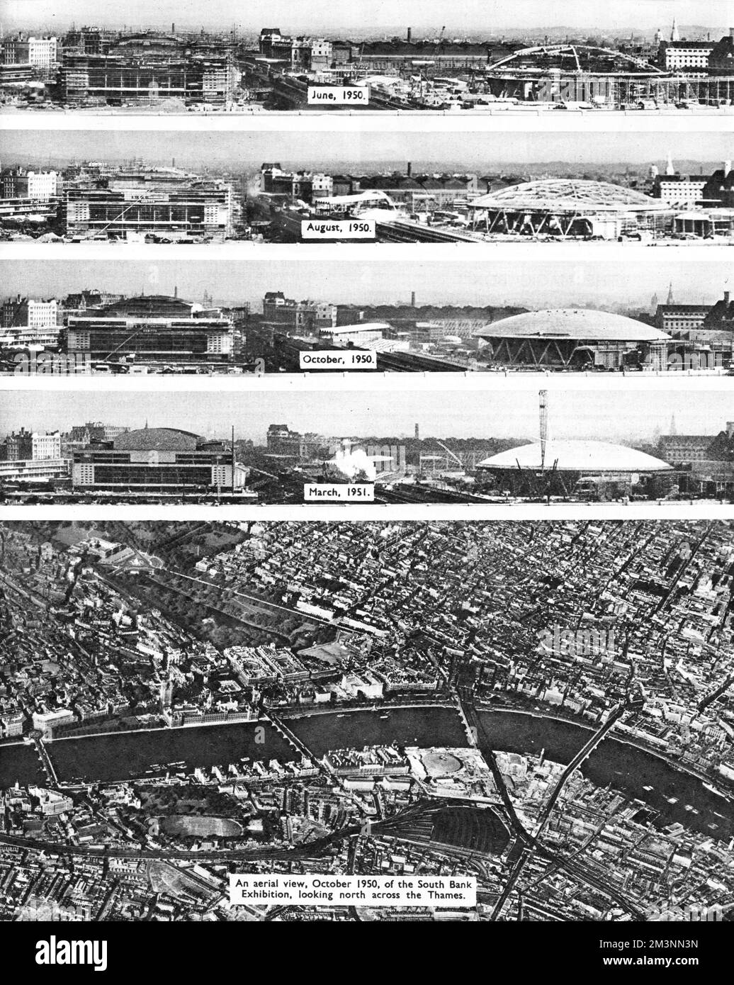 Four views of the Festival of Britain construction, dating from June 1950 to March 1951, with an aerial view below, showing London's South Bank in October 1950, looking north across the River Thames.       Date: 1950-1951 Stock Photo